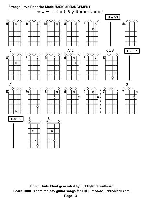 Chord Grids Chart of chord melody fingerstyle guitar song-Strange Love-Depeche Mode-BASIC ARRANGEMENT,generated by LickByNeck software.